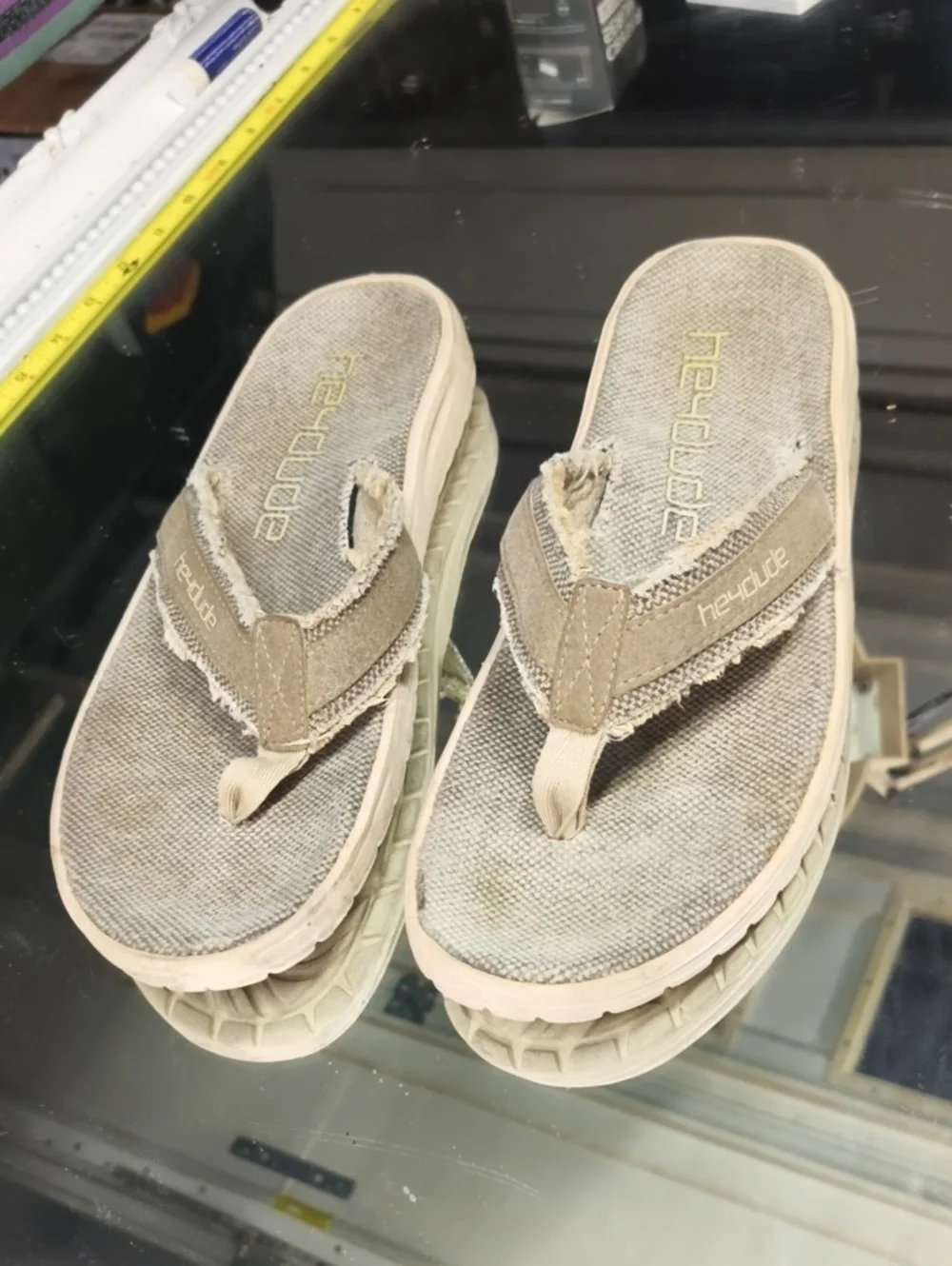 Hey Dude Beige Canvas Men’s Flip Flop Sandals